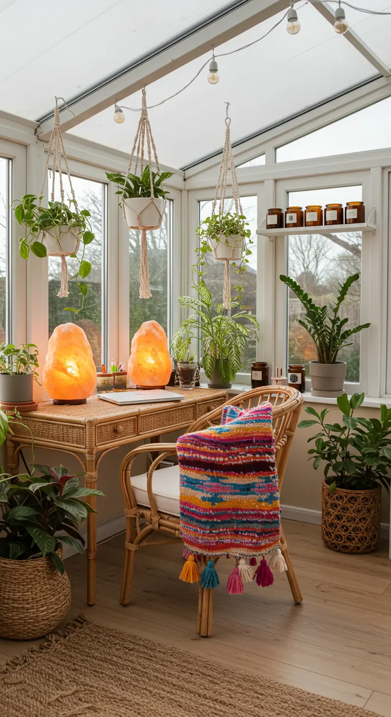 Bureau en rotin dans une véranda, entouré de plantes suspendues en macramé et de lampes de sel.