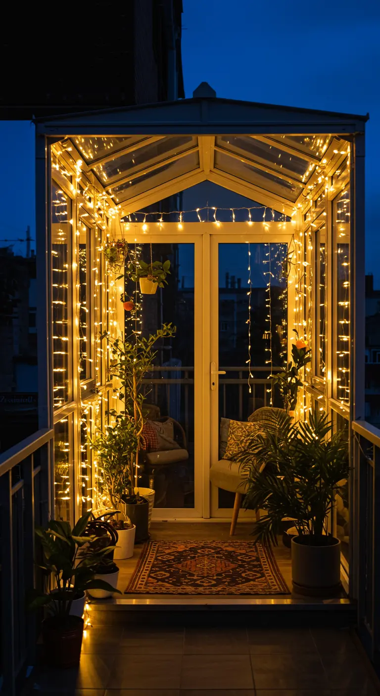 Petite serre sur un balcon, entièrement illuminée de l'intérieur par des guirlandes.