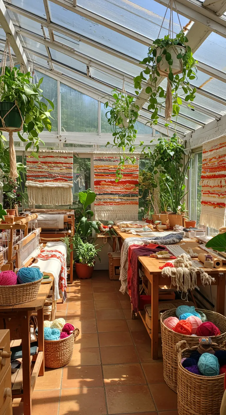 Atelier de tissage lumineux dans une serre, rempli de plantes suspendues et de paniers de laine.