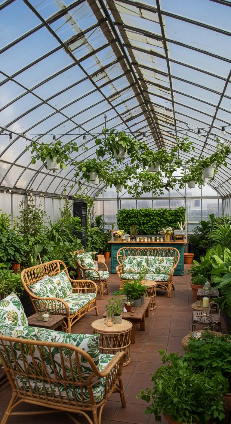 Intérieur de serre transformé en salon de réception avec mobilier en rotin et plantes luxuriantes.