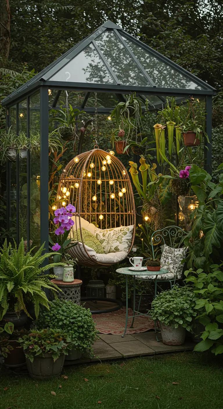 Fauteuil suspendu illuminé dans une serre luxuriante avec orchidées et plantes carnivores.
