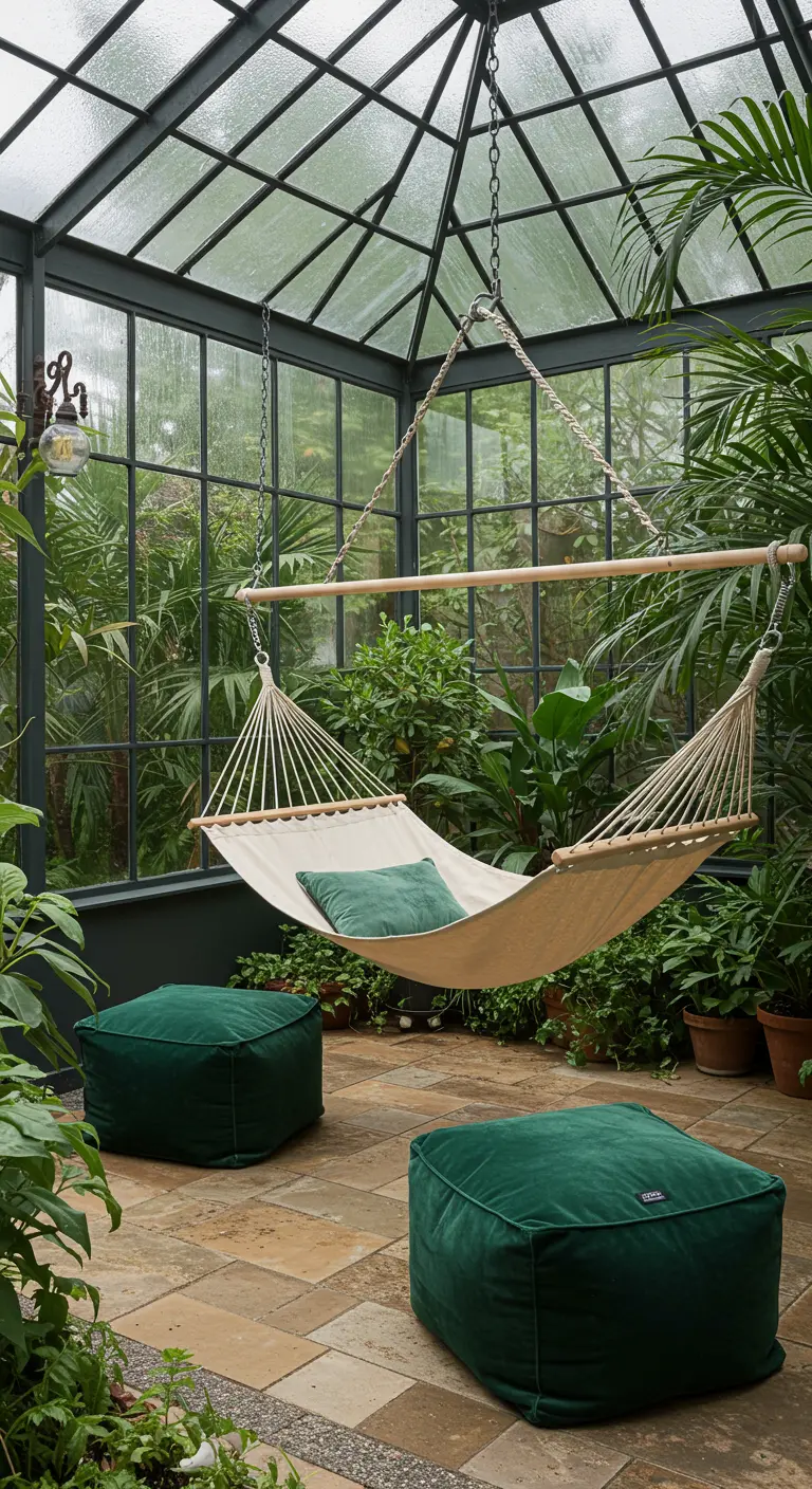 Hamac et poufs en velours vert dans une serre remplie de plantes.