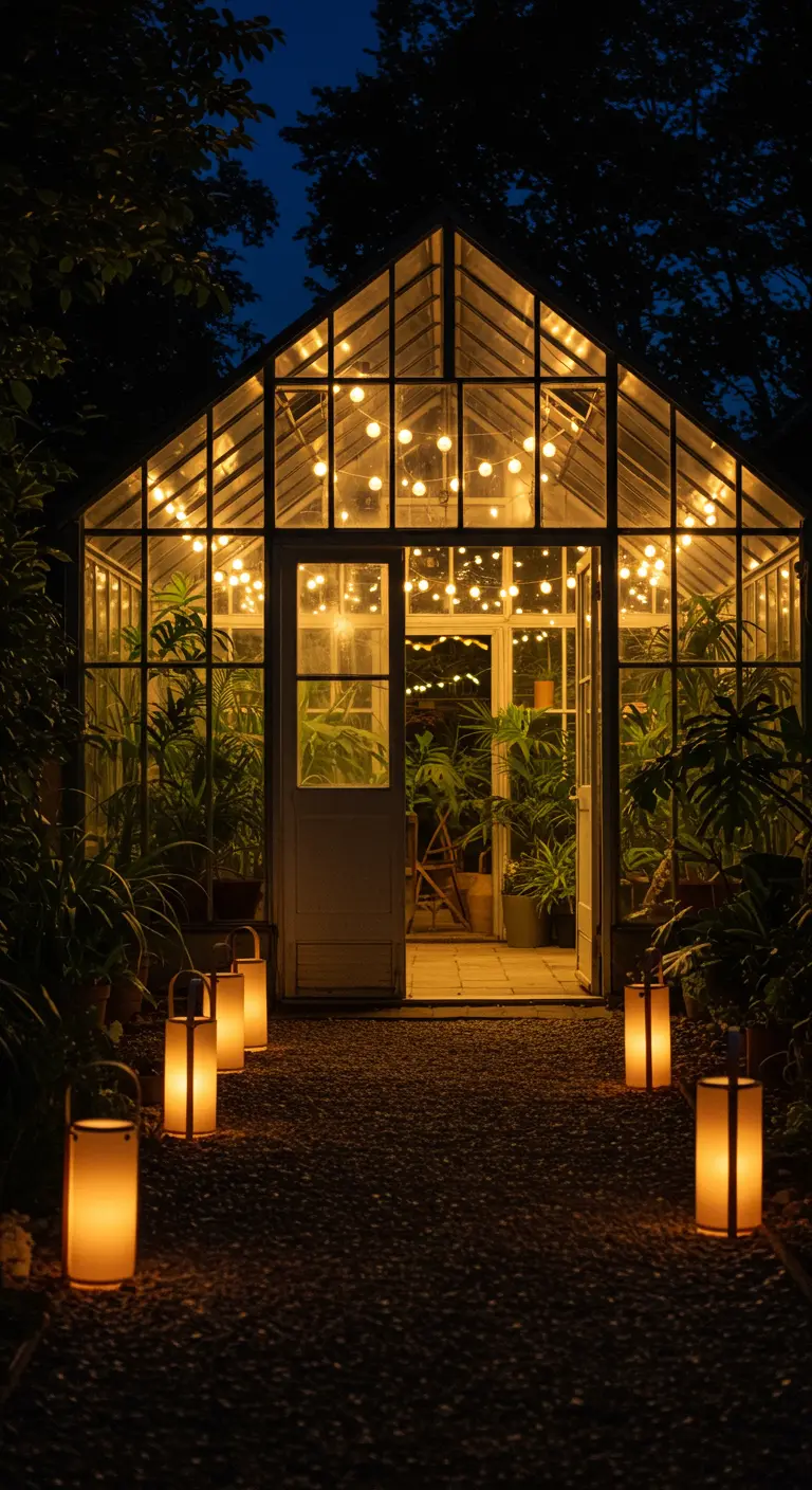 Serre en verre illuminée de l'intérieur par des guirlandes, avec un chemin de lanternes menant à l'entrée.