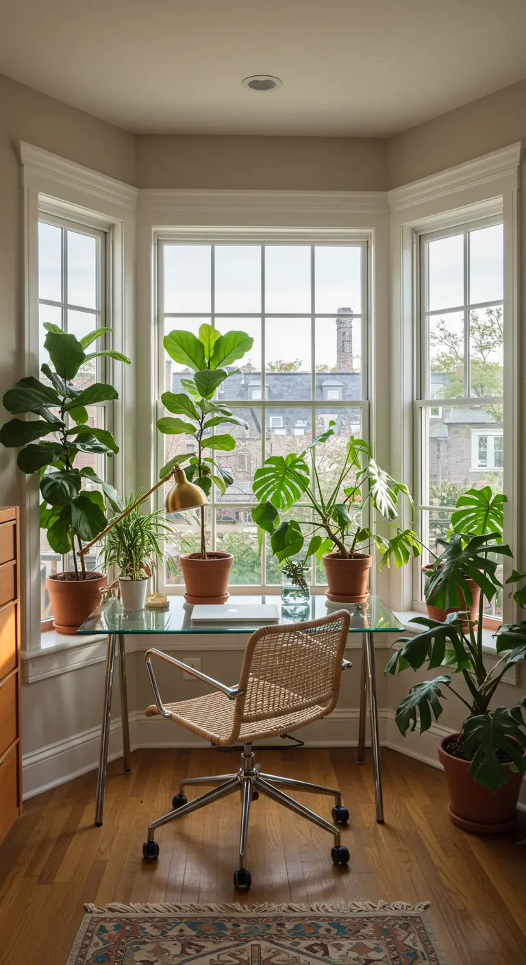 Bureau en verre dans une baie vitrée, entouré de nombreuses plantes d'intérieur.