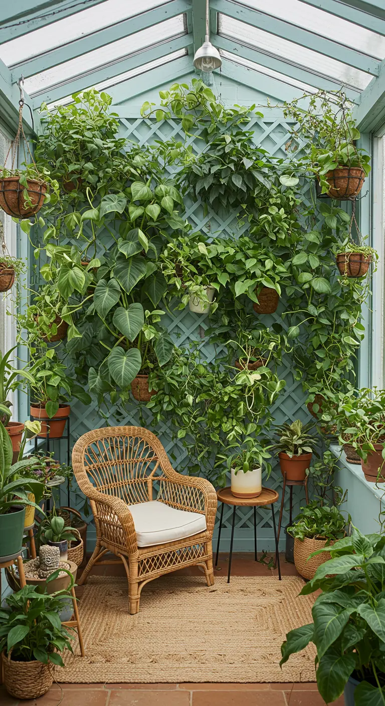 Intérieur de serre avec un mur treillagé bleu clair couvert de plantes grimpantes, un fauteuil en rotin.