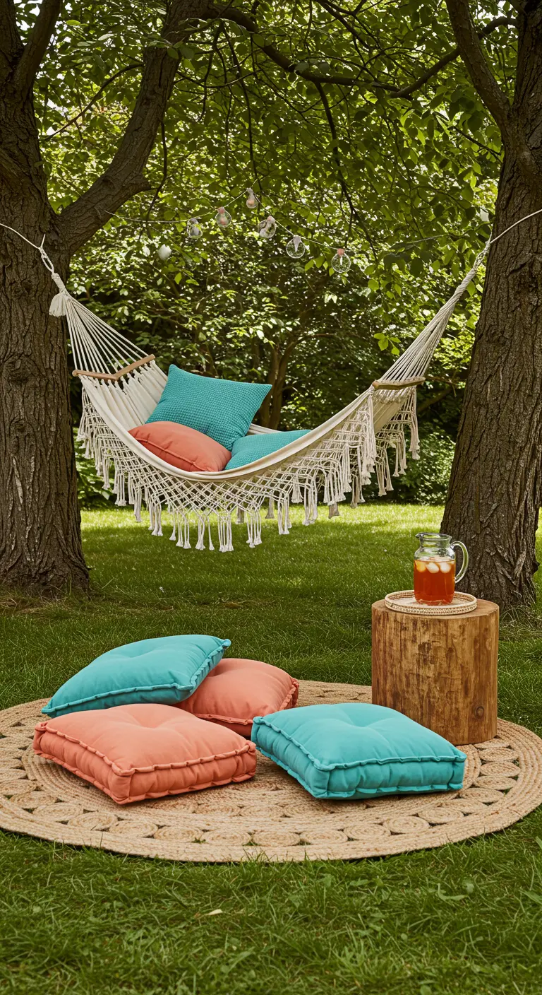 Hamac en macramé avec des coussins colorés, suspendu entre deux arbres.
