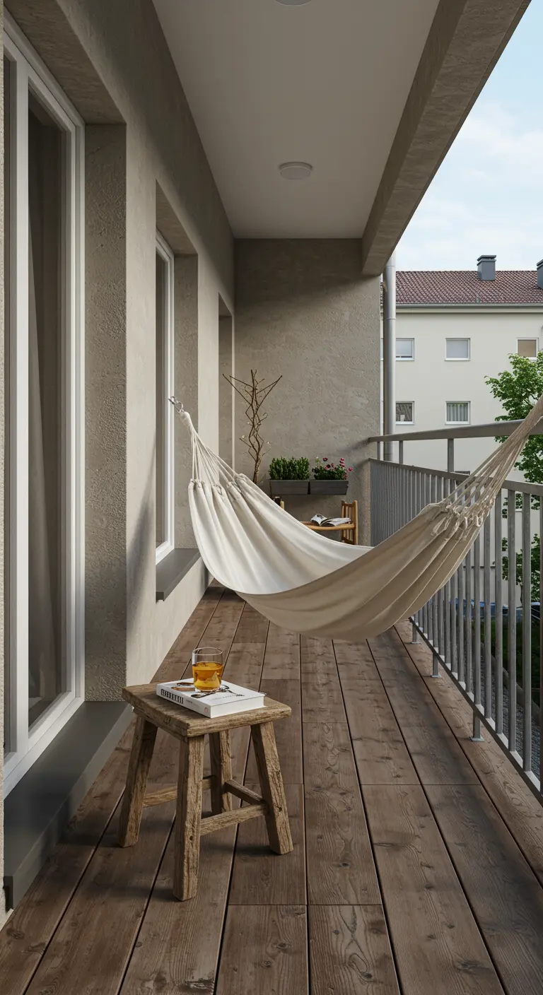 Hamac en toile blanche suspendu sur un long balcon avec un sol en bois.