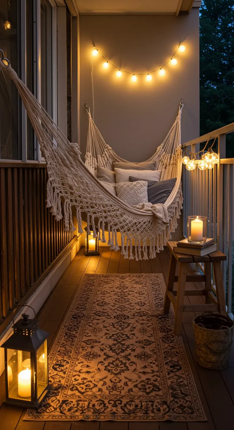 Balcon cosy avec un grand hamac en macramé, des coussins et des guirlandes lumineuses.