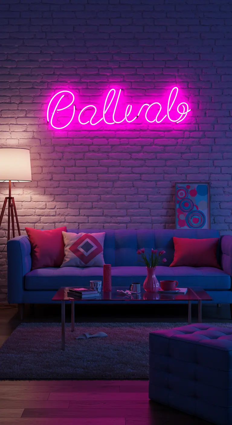 Une enseigne au néon rose vif affichant un mot sur un mur de briques.