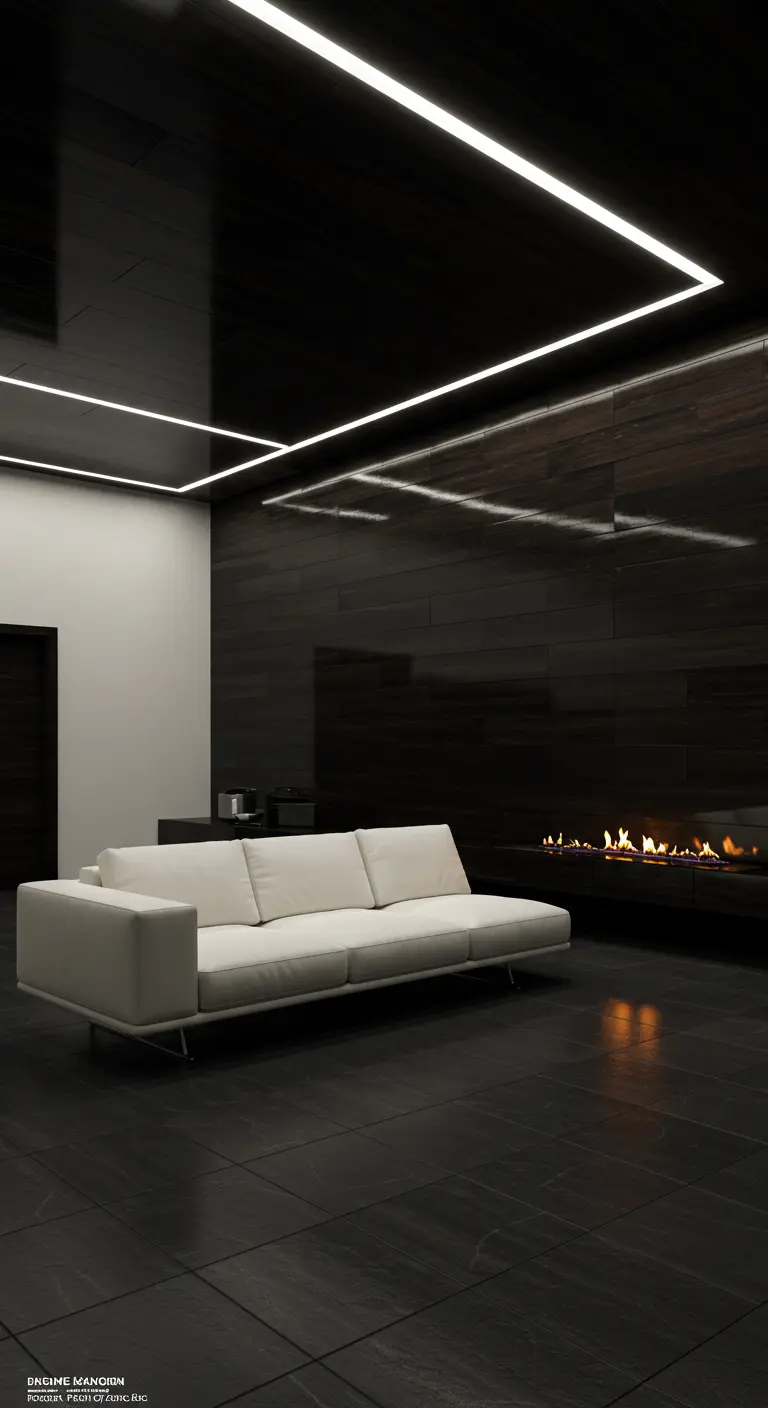 Salon moderne et sombre avec un éclairage linéaire au plafond et un canapé blanc.