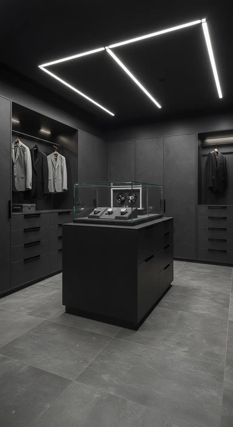 Dressing noir minimaliste avec un éclairage LED géométrique au plafond.