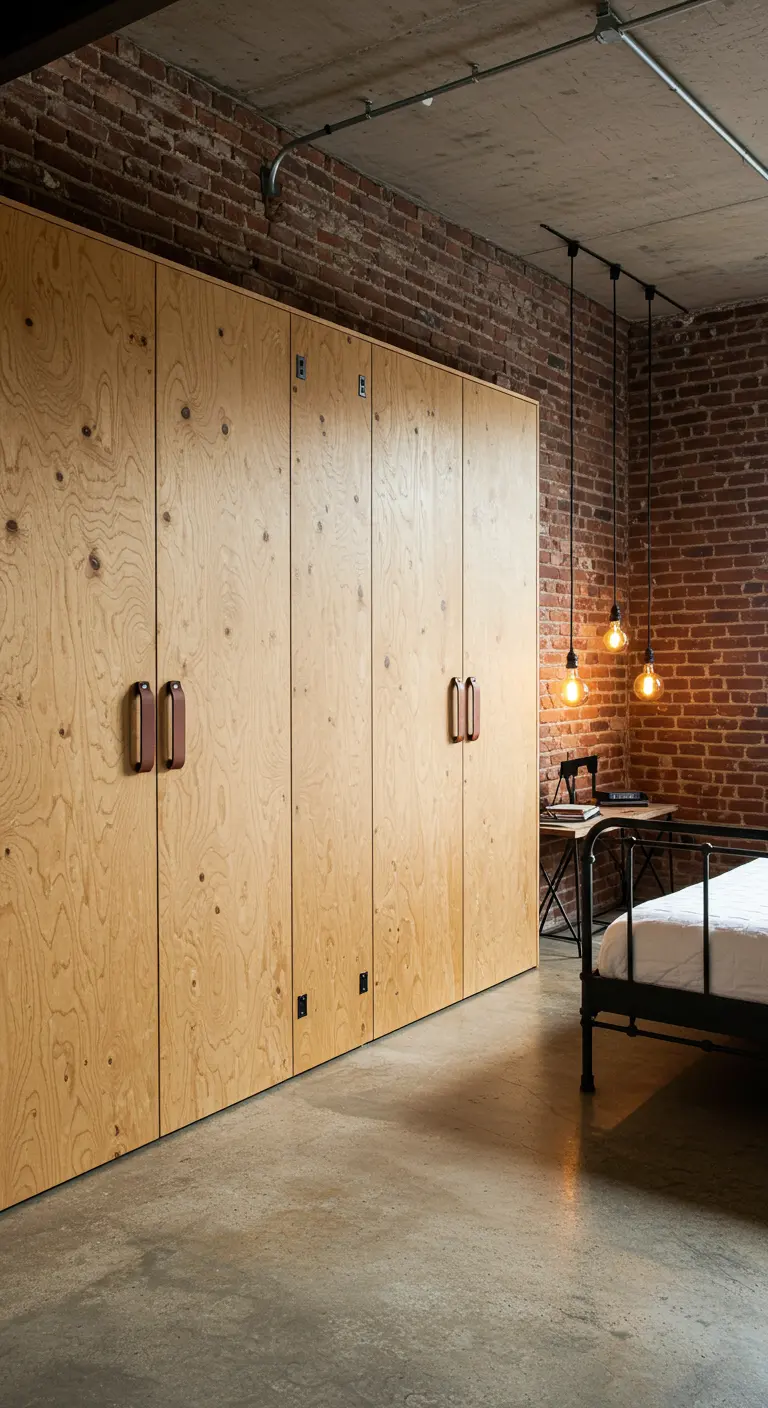 Armoire simple et haute avec des portes en contreplaqué clair et des poignées en cuir.