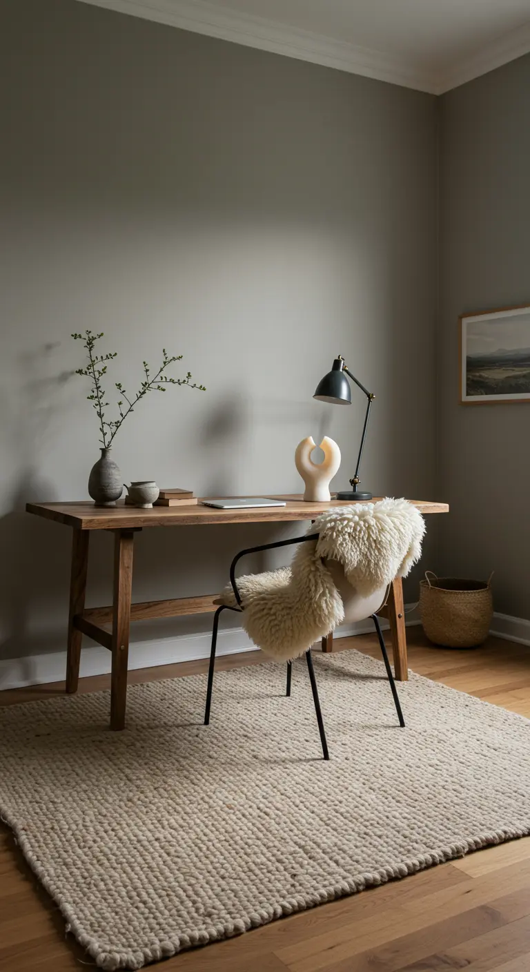 Bureau gris clair avec bureau en bois, chaise en fausse fourrure et tapis tressé.