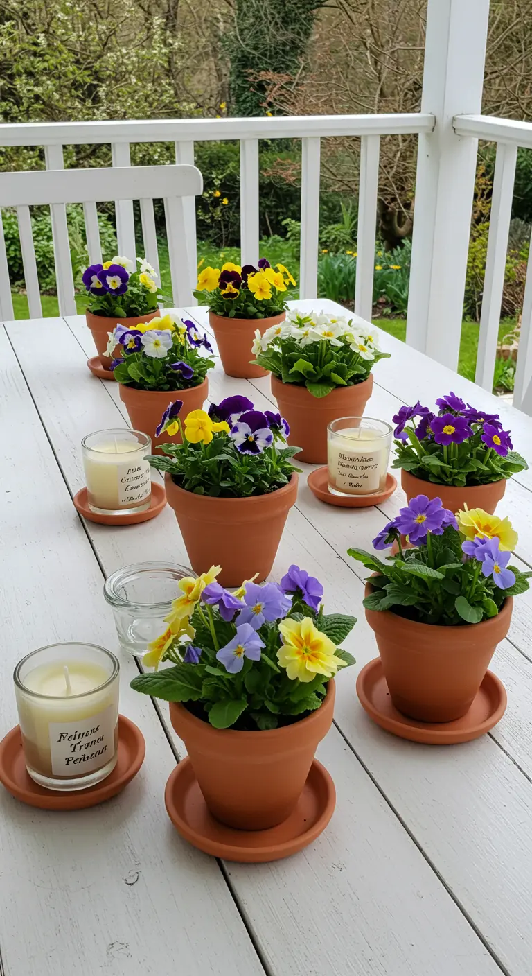 Rangée de pensées et primevères en pots de terre cuite, avec des bougies simples sur une table blanche.