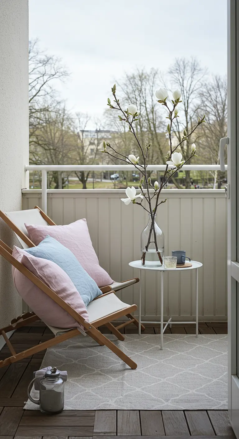 Chaises longues sur un balcon avec un grand vase contenant une branche de magnolia.