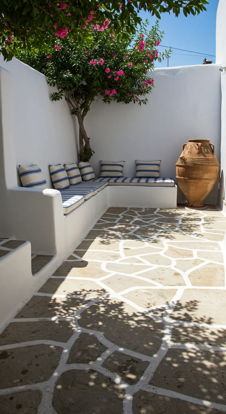 Cour intérieure avec banquette blanche, coussins à rayures bleues et une grande jarre en terre cuite.