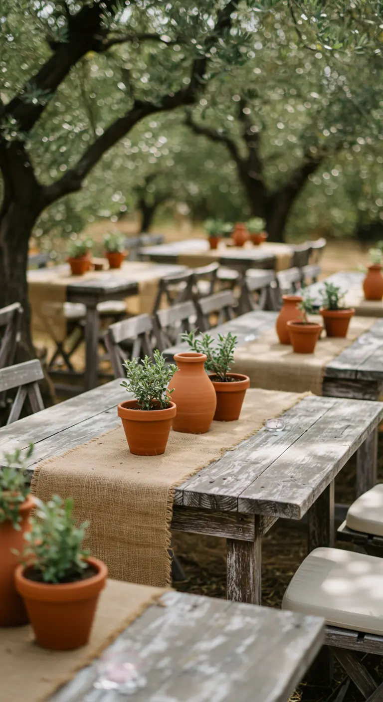 Petits pots en terre cuite avec des plantes vertes sur des tables en bois sous des oliviers.