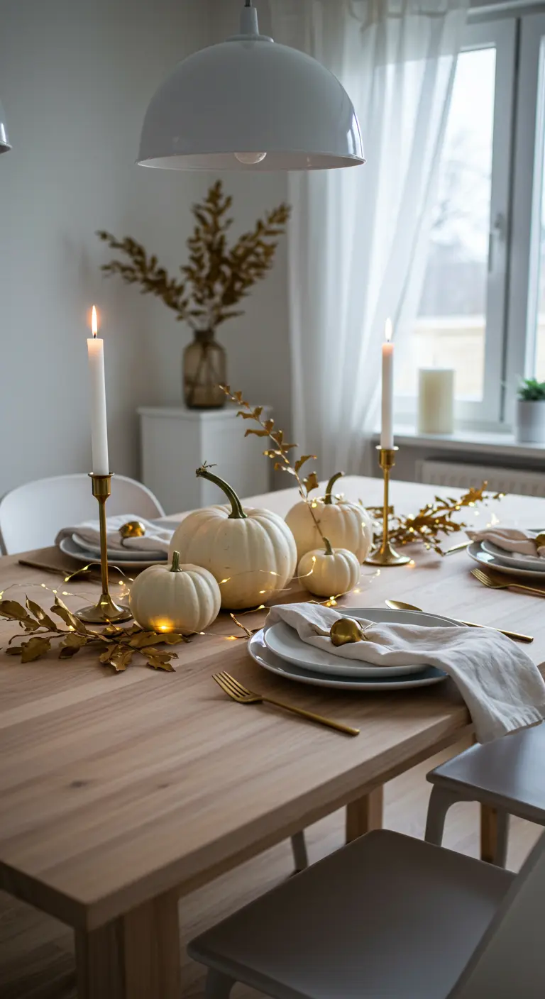 Table en bois clair avec citrouilles blanches, feuilles dorées, guirlandes lumineuses et couverts dorés.