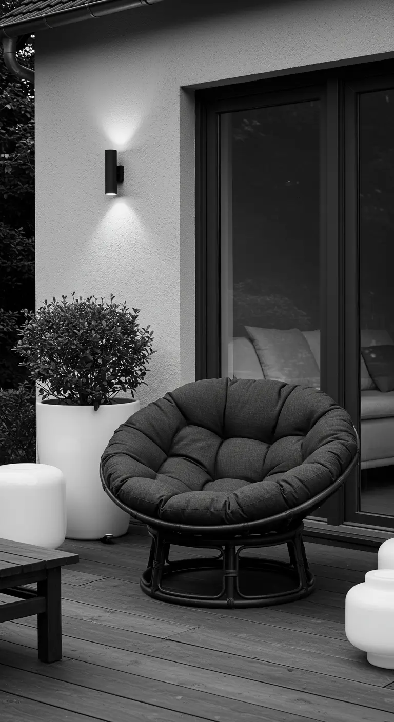 Fauteuil papasan gris foncé sur une terrasse moderne et monochrome avec plantes et éclairage.