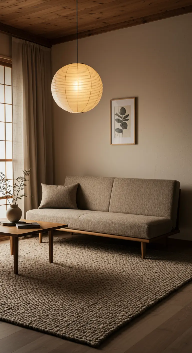 Salon de style Japandi avec canapé simple et suspension en papier de riz.