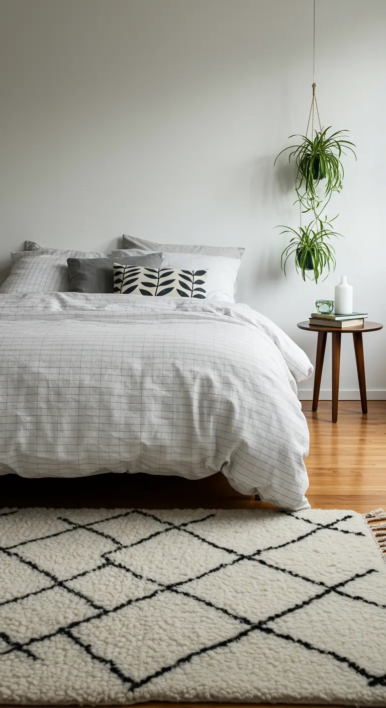 Lit avec une parure de lit à carreaux et des plantes araignées suspendues.