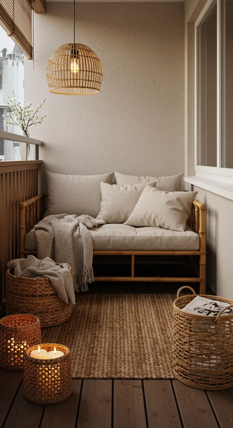 Balcon avec canapé en bambou, coussins en lin, tapis en jute et paniers tressés.