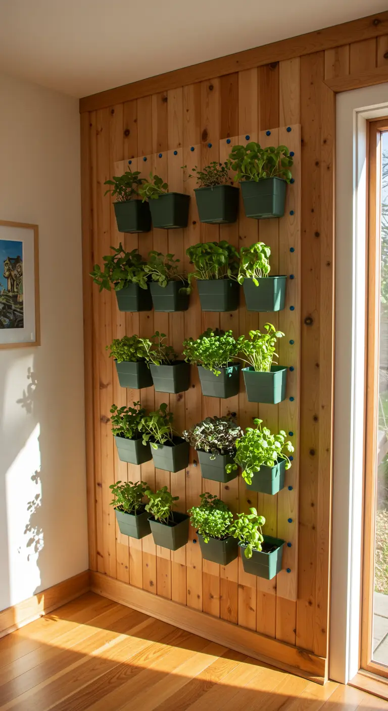 Mur végétal modulaire avec des pots carrés vert foncé sur un panneau mural en bois.