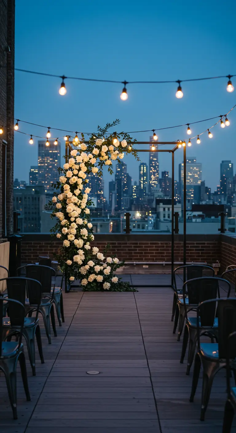 Arche de mariage noire sur un rooftop, avec des roses blanches et la ville en arrière-plan.