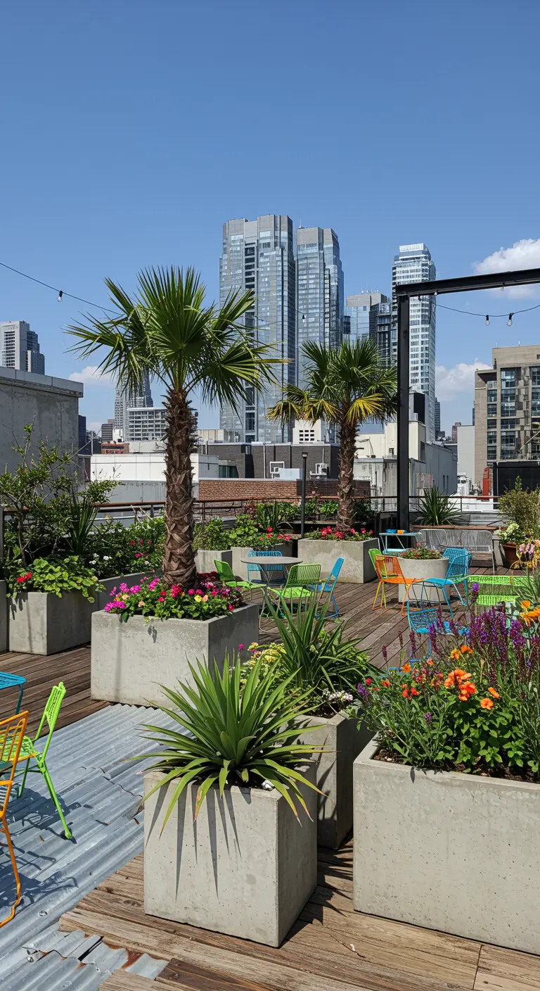 Jardinières en béton brut sur un rooftop, remplies de fleurs colorées variées (roses, oranges, violettes).