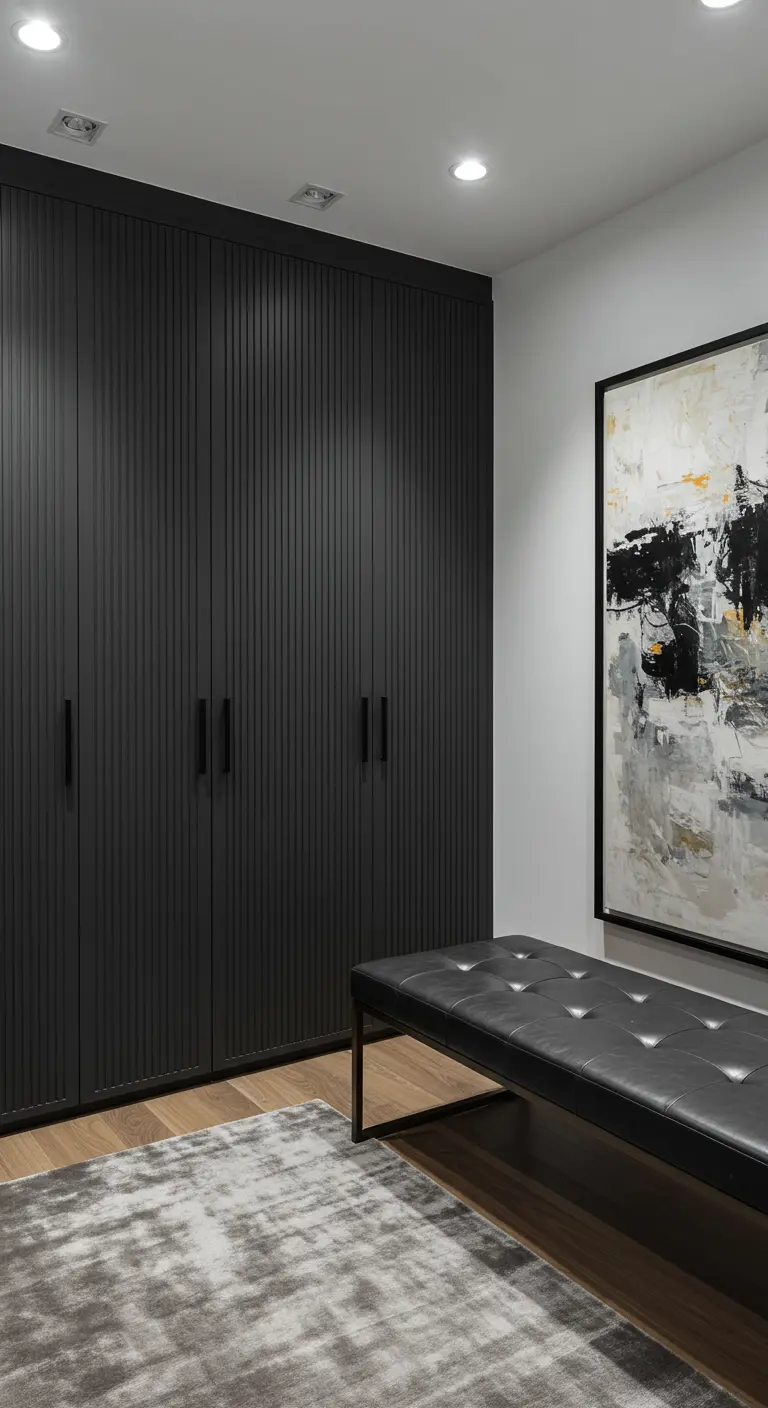 Grand dressing noir mat avec des portes en bois cannelé vertical.