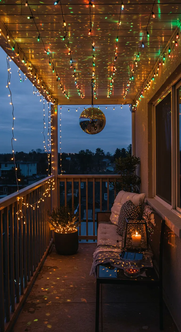 Boule à facettes suspendue sur un balcon avec des guirlandes lumineuses colorées.