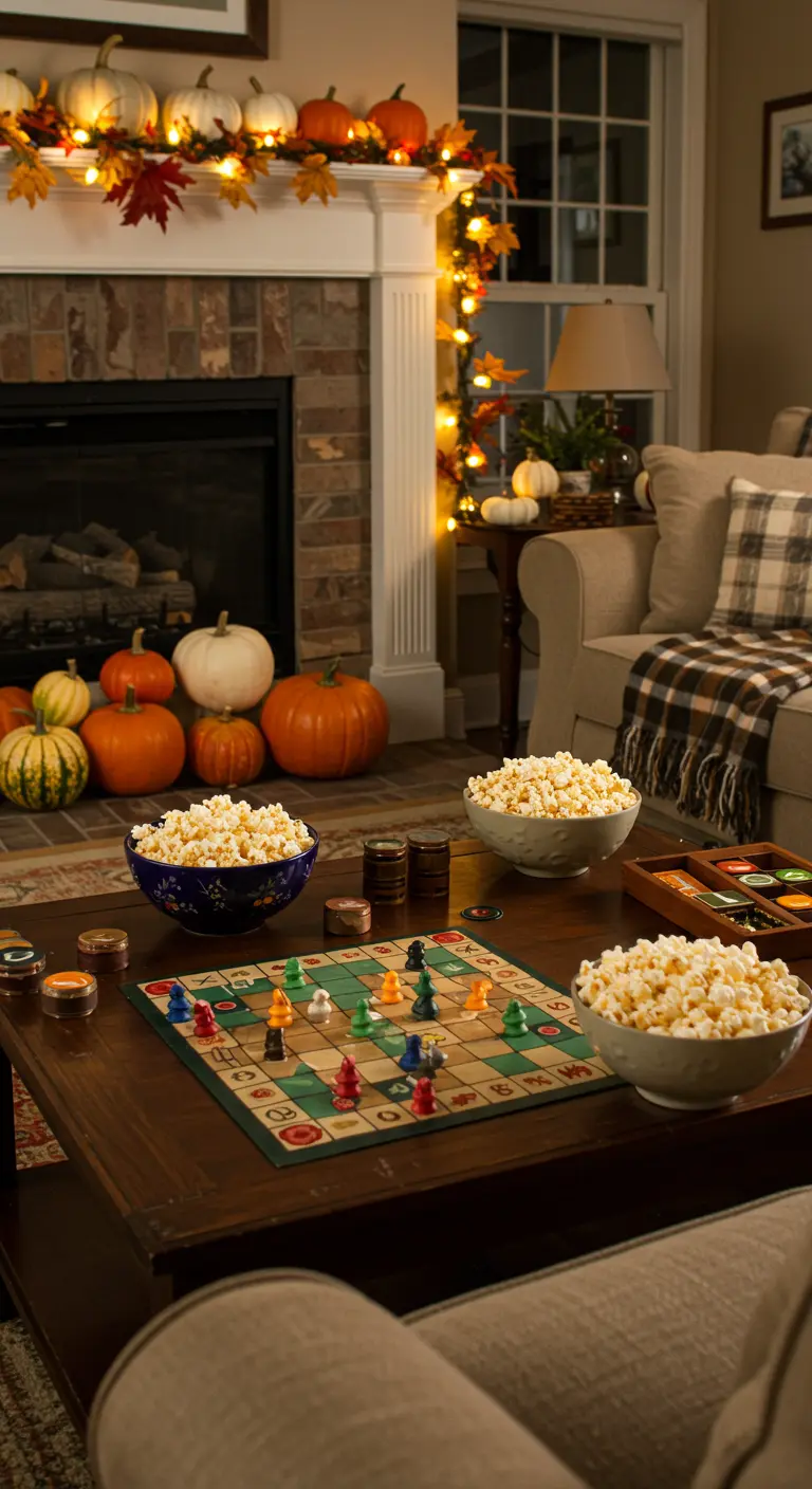 Salon décoré pour l'automne avec un jeu de société sur la table basse