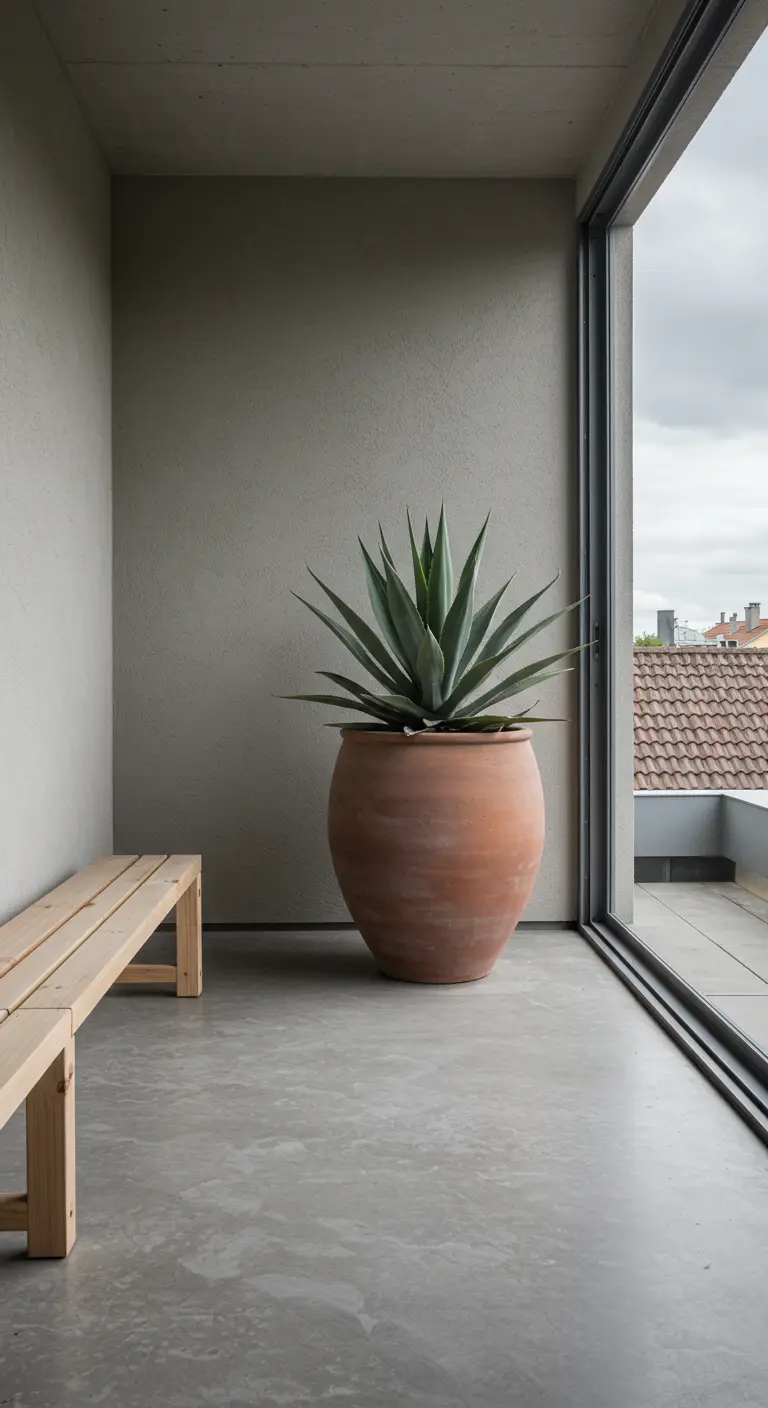 Un grand pot en terre cuite avec un agave sur un balcon minimaliste en béton.