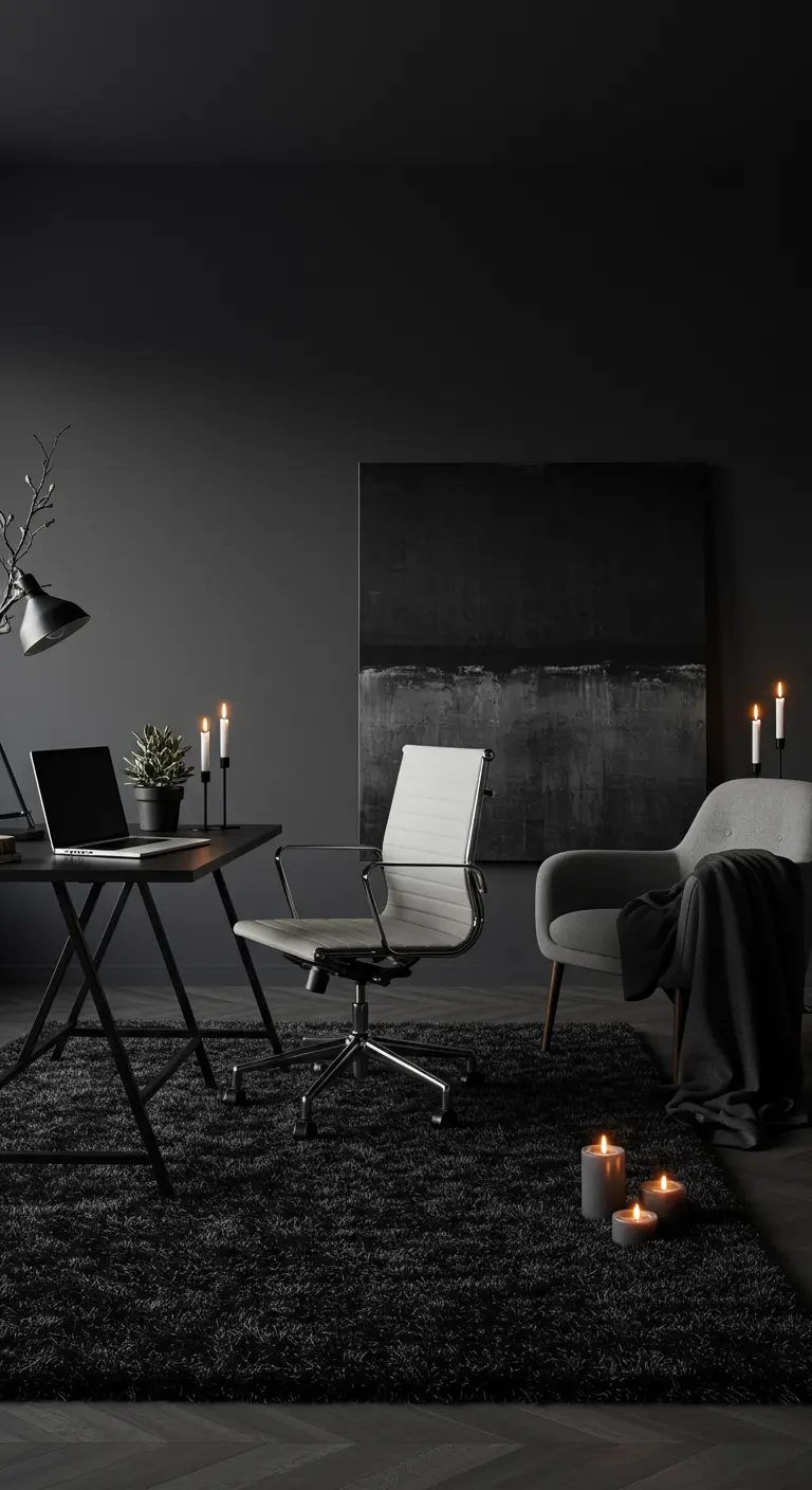 Bureau noir et gris avec tapis moelleux, tableau abstrait et bougies décoratives.