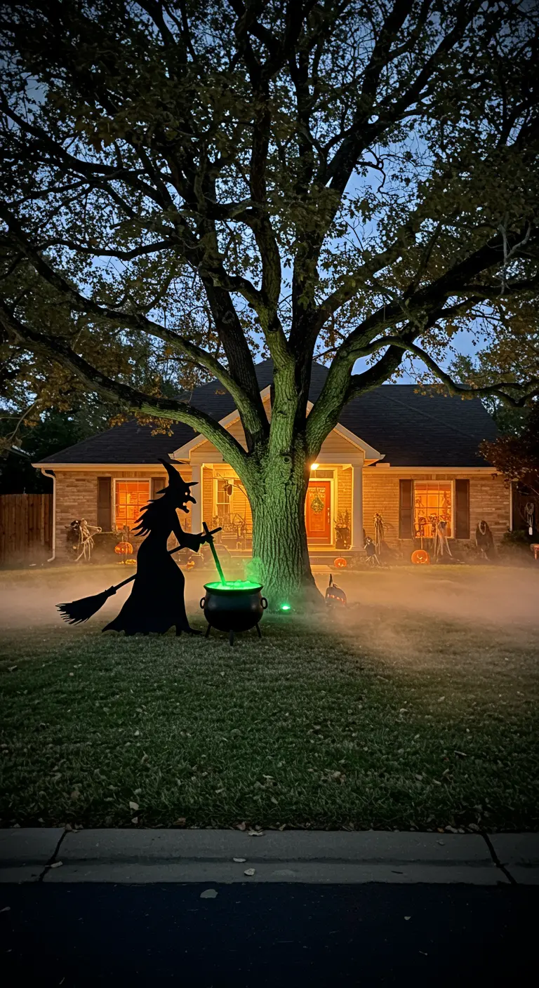 Silhouette de sorcière devant un chaudron vert fumant dans un jardin la nuit.