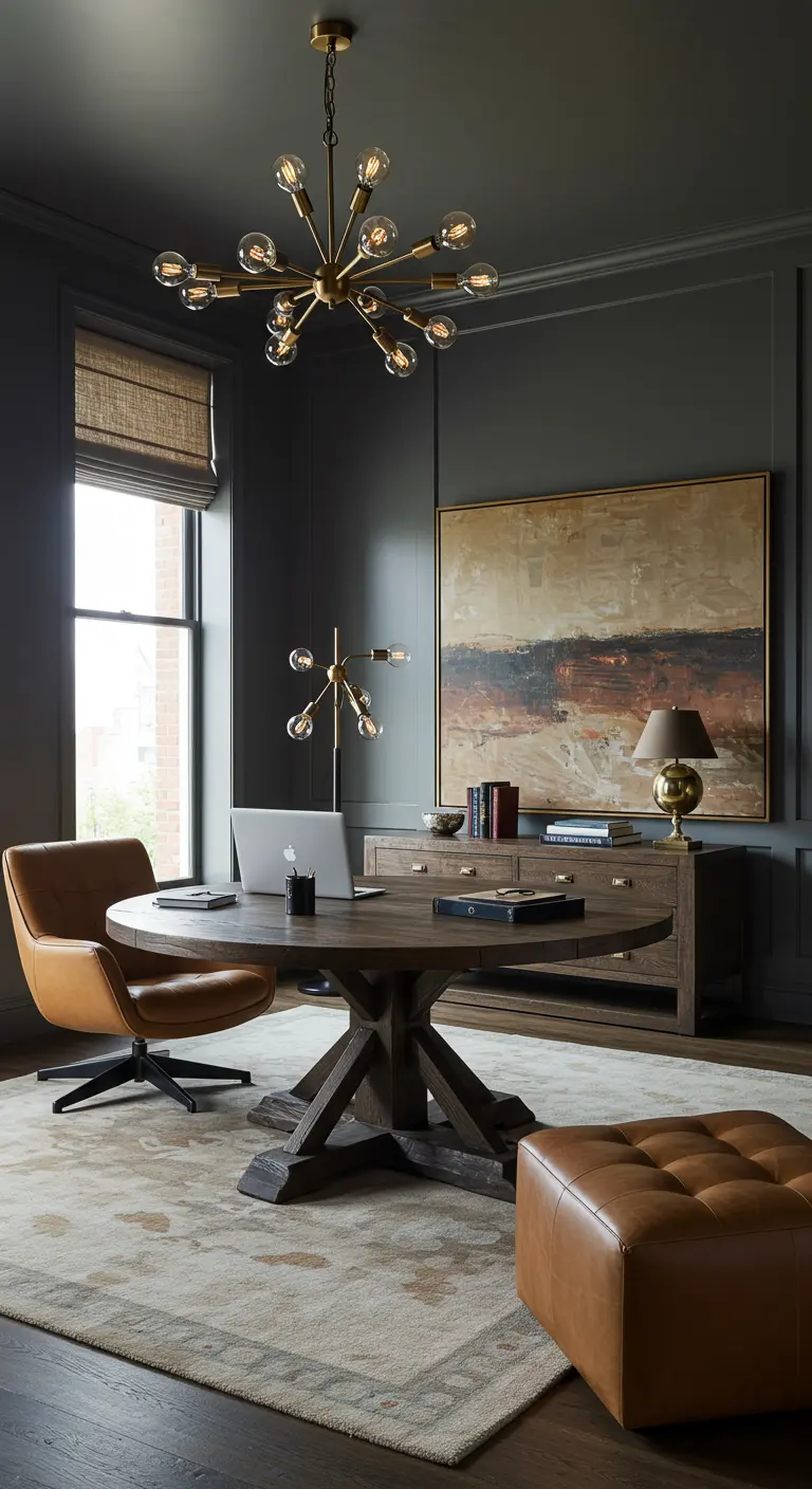 Bureau rond en bois sous un grand lustre Sputnik en laiton, dans une pièce aux murs gris foncé.