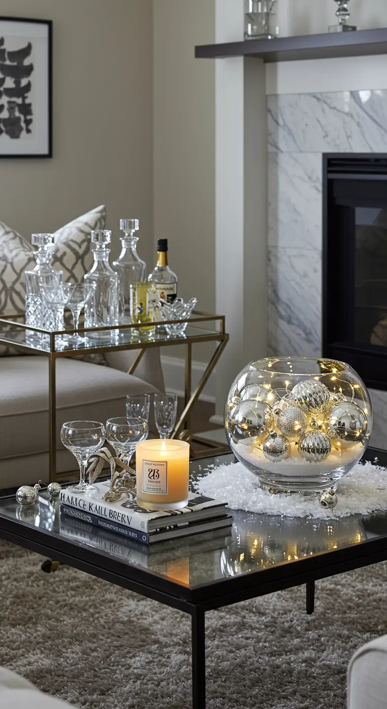 Grand vase en verre rempli de boules de Noël argentées et d'une guirlande lumineuse.