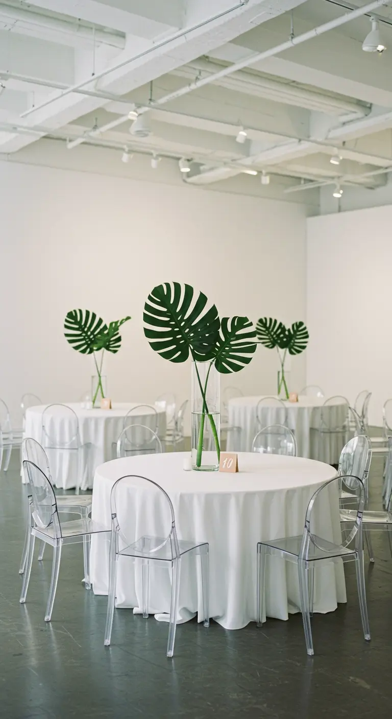 Table de mariage blanche avec une grande feuille de monstera dans un vase transparent.