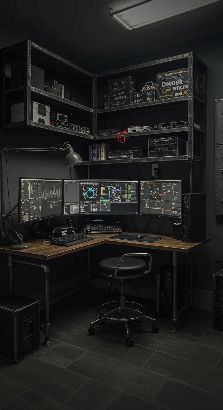 Bureau d'angle high-tech avec plusieurs écrans, étagères en métal et éclairage d'ambiance.