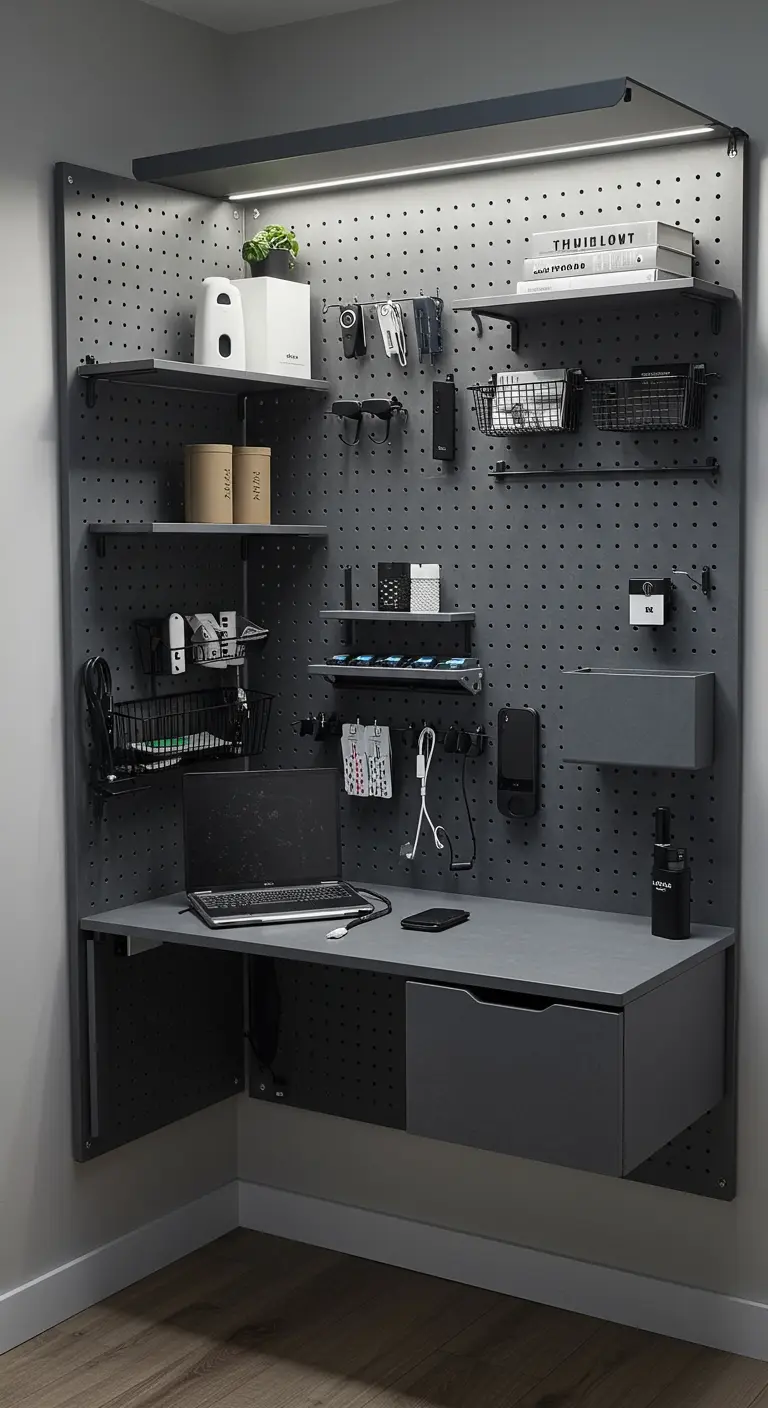 Bureau d'angle moderne avec un système de panneau perforé gris pour un rangement mural complet.