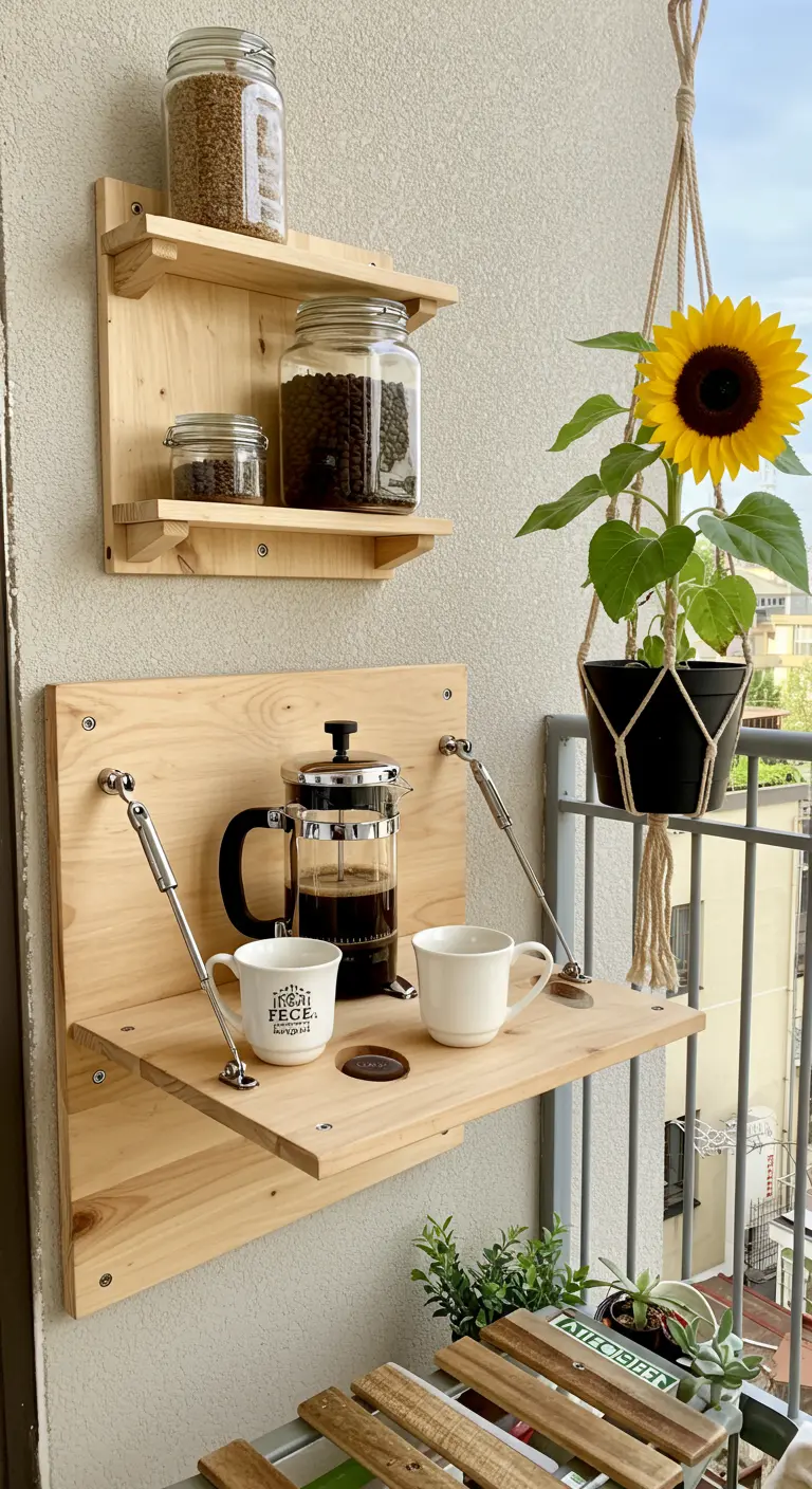 Petite table murale pliable en bois servant de station à café.