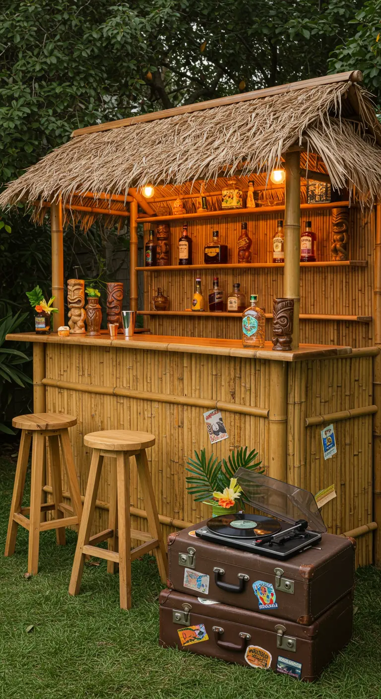 Bar tiki en bambou dans un jardin avec un tourne-disque sur des valises.