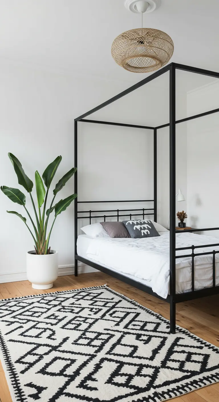Lit à baldaquin moderne en métal noir avec un grand tapis graphique et une plante.