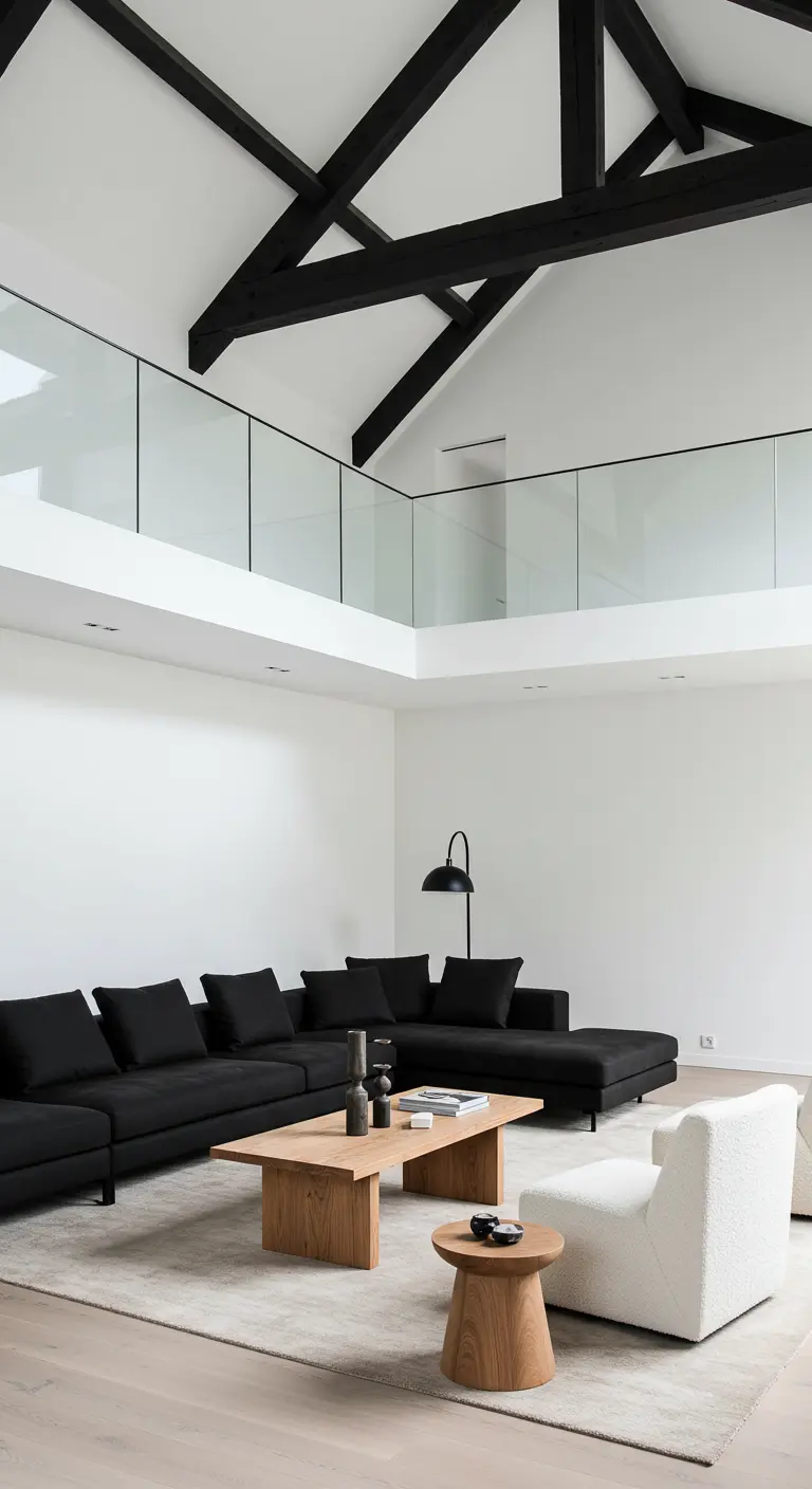 Salon spacieux avec poutres noires apparentes, canapé noir et table basse en chêne.