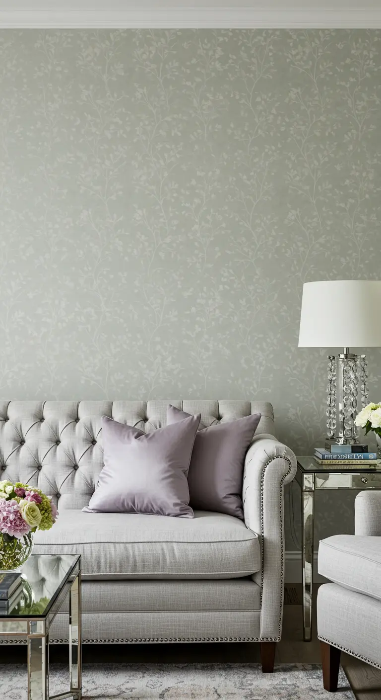 Mur d'accent gris perle avec un subtil motif de feuillage ton sur ton, derrière un canapé capitonné.