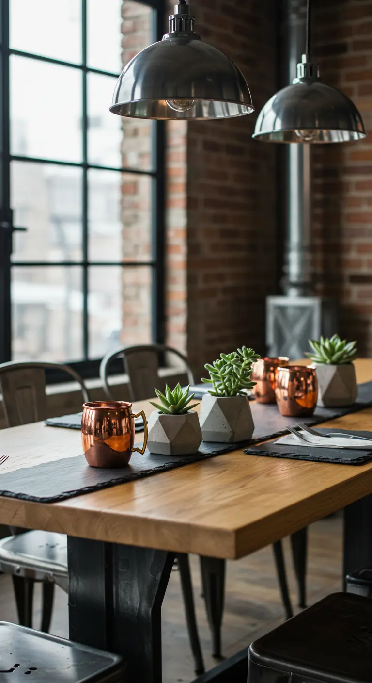 Table de style industriel avec des mini-succulentes dans des pots en ciment géométriques.