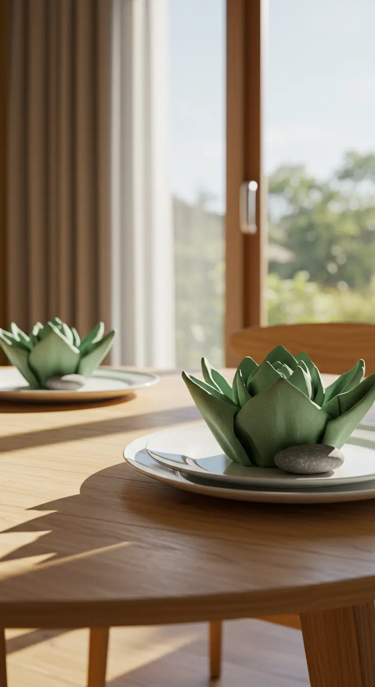 Serviette verte pliée en forme de succulente sur une assiette blanche.