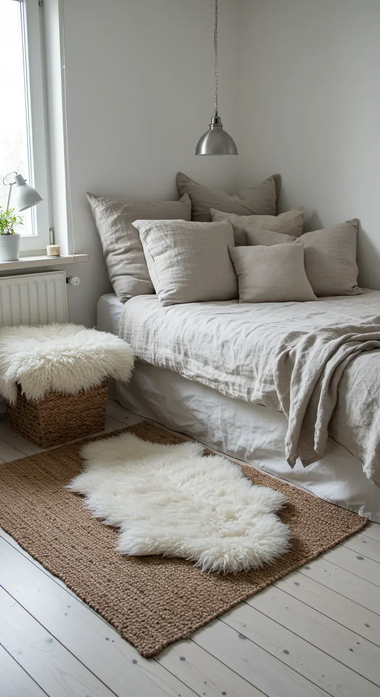 Superposition d'une peau de mouton blanche sur un tapis en jute dans une chambre cosy.