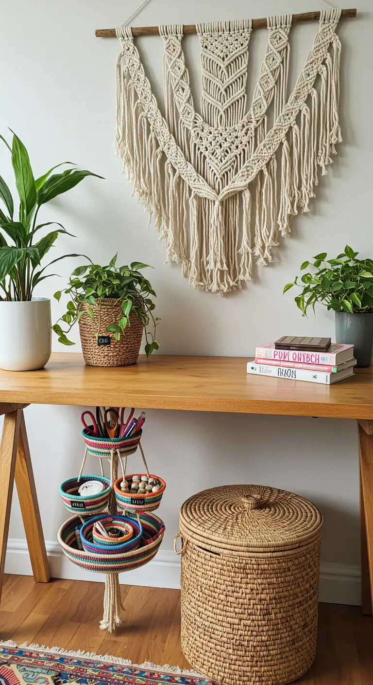 Bureau en bois avec une suspension de rangement à plusieurs niveaux et des plantes vertes.