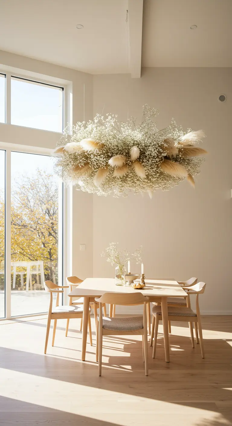 Grande suspension de fleurs séchées blanches flottant au-dessus d'une table à manger moderne.